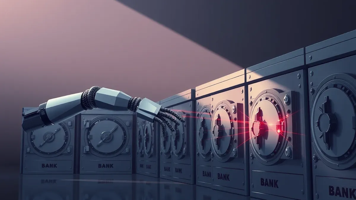 Illustration: A sleek, headless robotic arm extends from a shadowed corner, its metallic fingers rapidly plugging into the network ports of a row of identical bank vault doors.