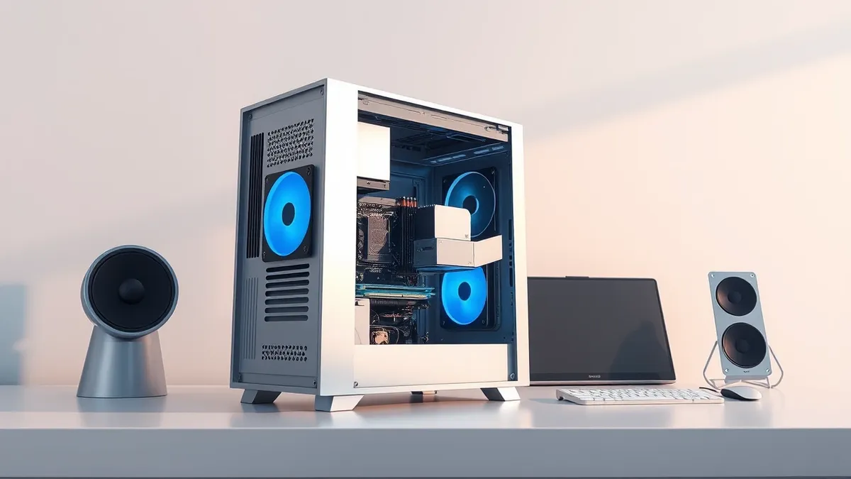Illustration: A sleek, silver desktop tower sits on a clean white desk with its side panel removed to reveal the internal drive bays.