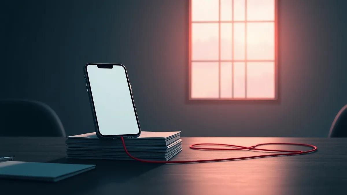 Illustration: A dimly lit office desk holds a smartphone displaying a blank messaging interface, resting beside a stack of blank legal folders.