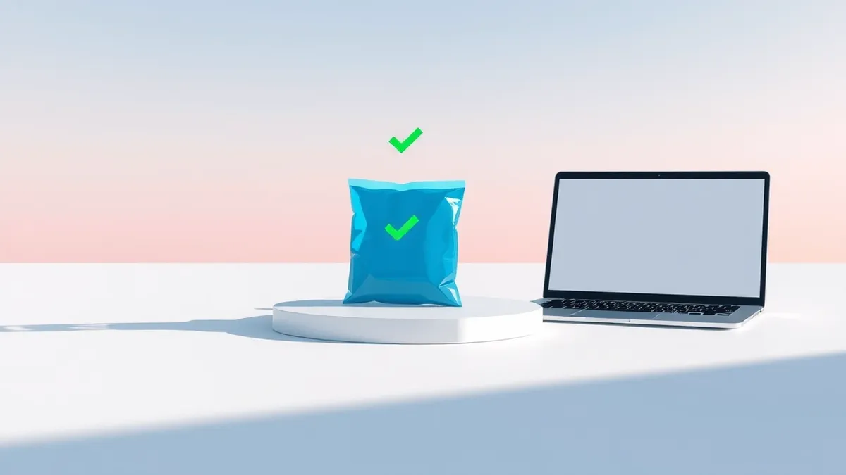 Illustration: A small, translucent blue software package sits on a sleek white surface, its geometric edges sharp and clean.
