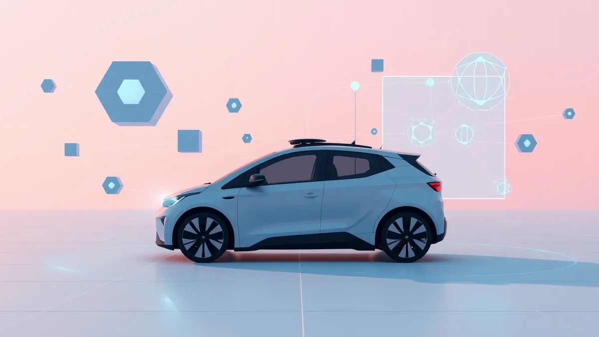 Illustration: A sleek autonomous vehicle sits inside a digital simulation environment, surrounded by floating geometric shapes that represent virtual obstacles and stress-test scen