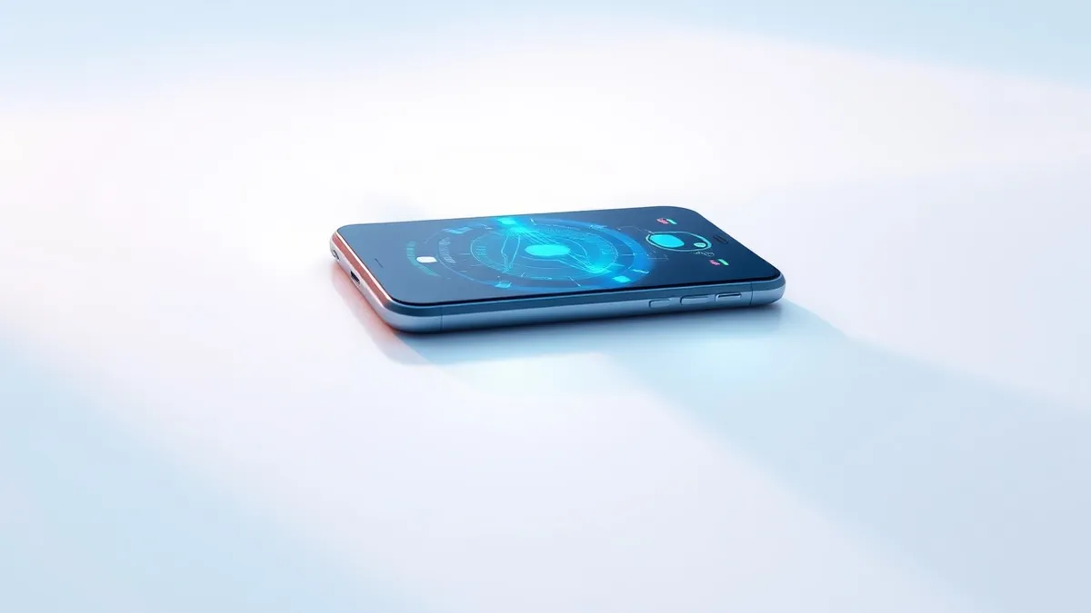 Illustration: A sleek smartphone rests on a clean white surface, its screen displaying abstract geometric shapes that suggest digital medical interfaces.
