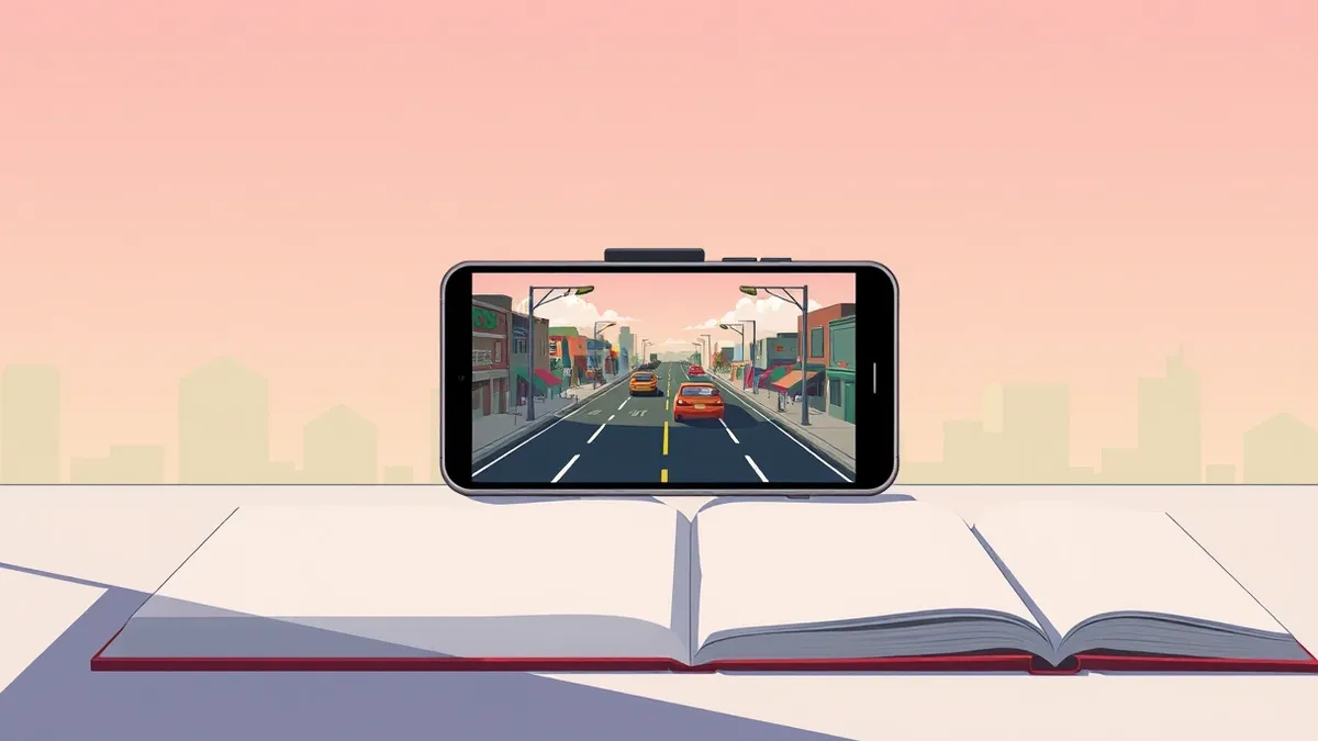 Illustration: A smartphone rests on a surface, its screen displaying the open-world landscape of a crime game.