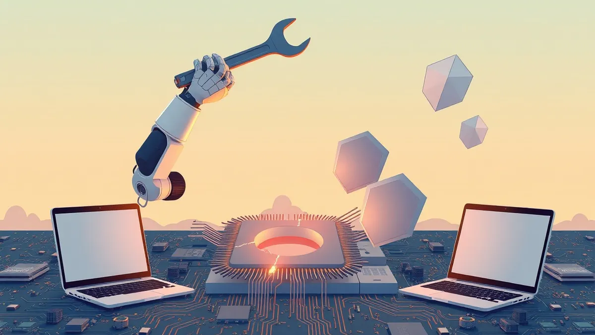Illustration: A stylized robotic arm holds a wrench above a complex, fragmented digital circuit board.