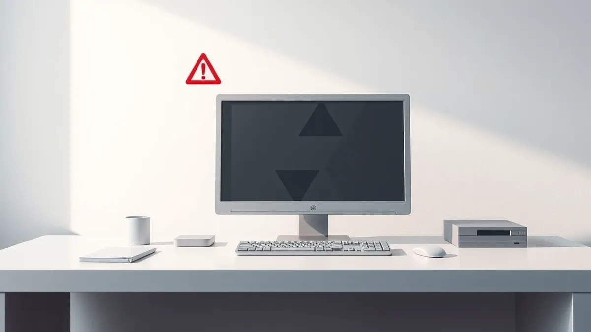 Illustration: A generic desktop computer sits on a clean white desk with a blank monitor displaying abstract geometric shapes.