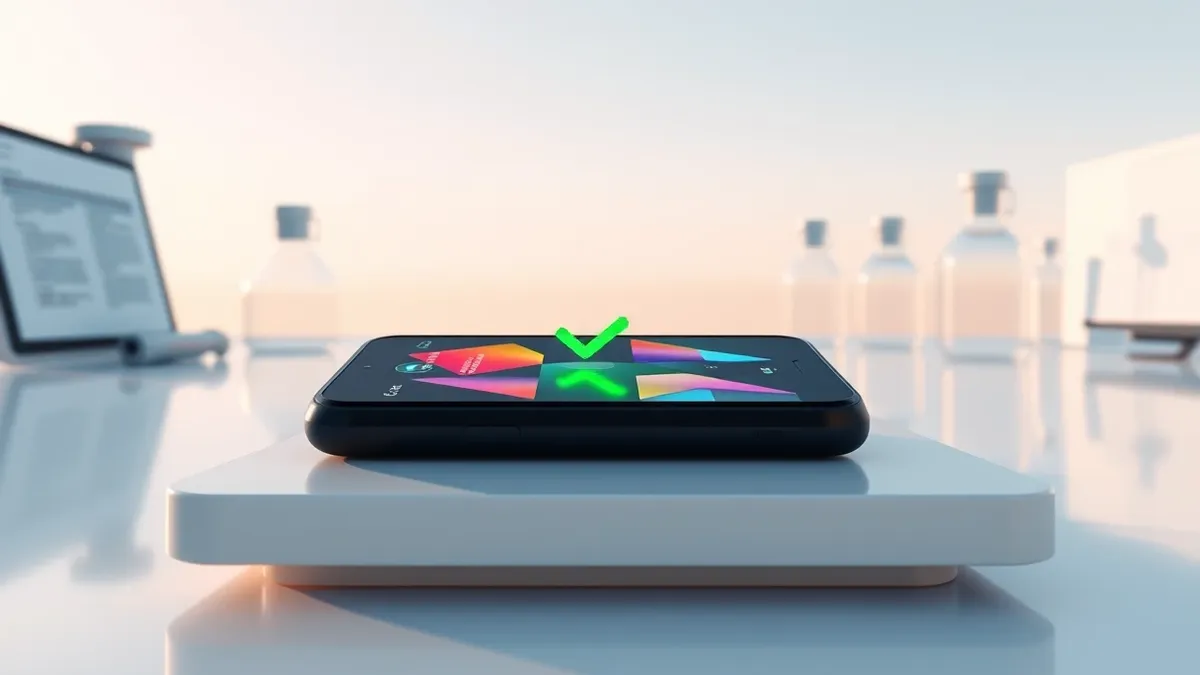 Illustration: A sleek black smartphone rests on a clean white laboratory bench.