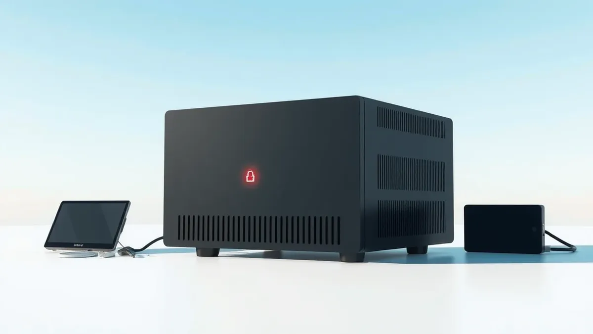 Illustration: A sleek black enterprise file transfer appliance sits isolated on a sterile white surface.