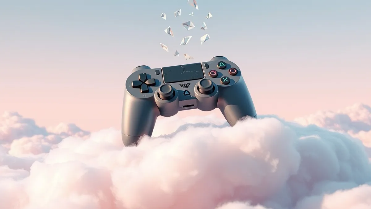 Illustration: A cracked plastic video game controller rests on a soft, abstract digital surface resembling a stylized cloud.
