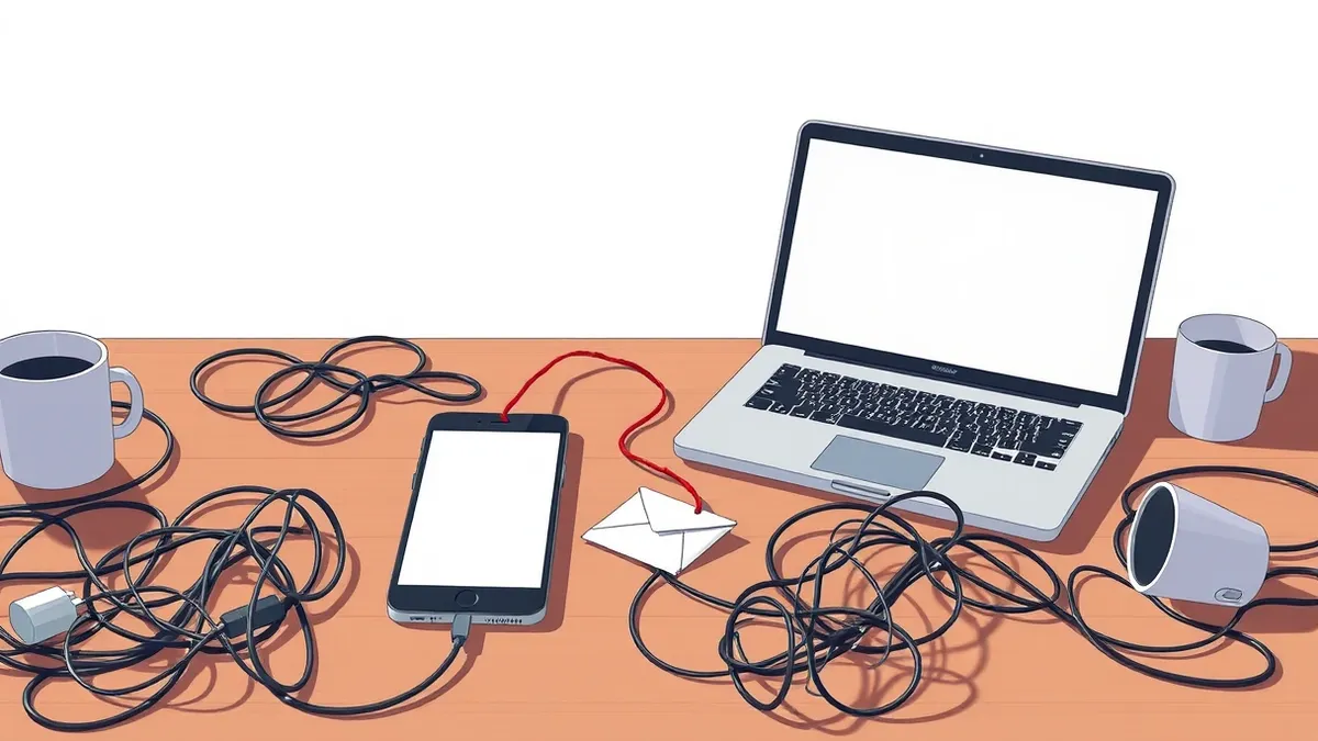 Illustration: A cluttered desk holds a smartphone and a laptop with blank screens.