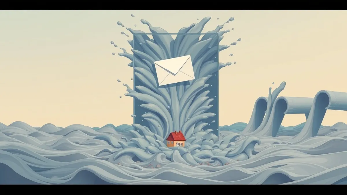 Illustration: A small white envelope enters a large glass prism and explodes into a massive flood of thick grey water.