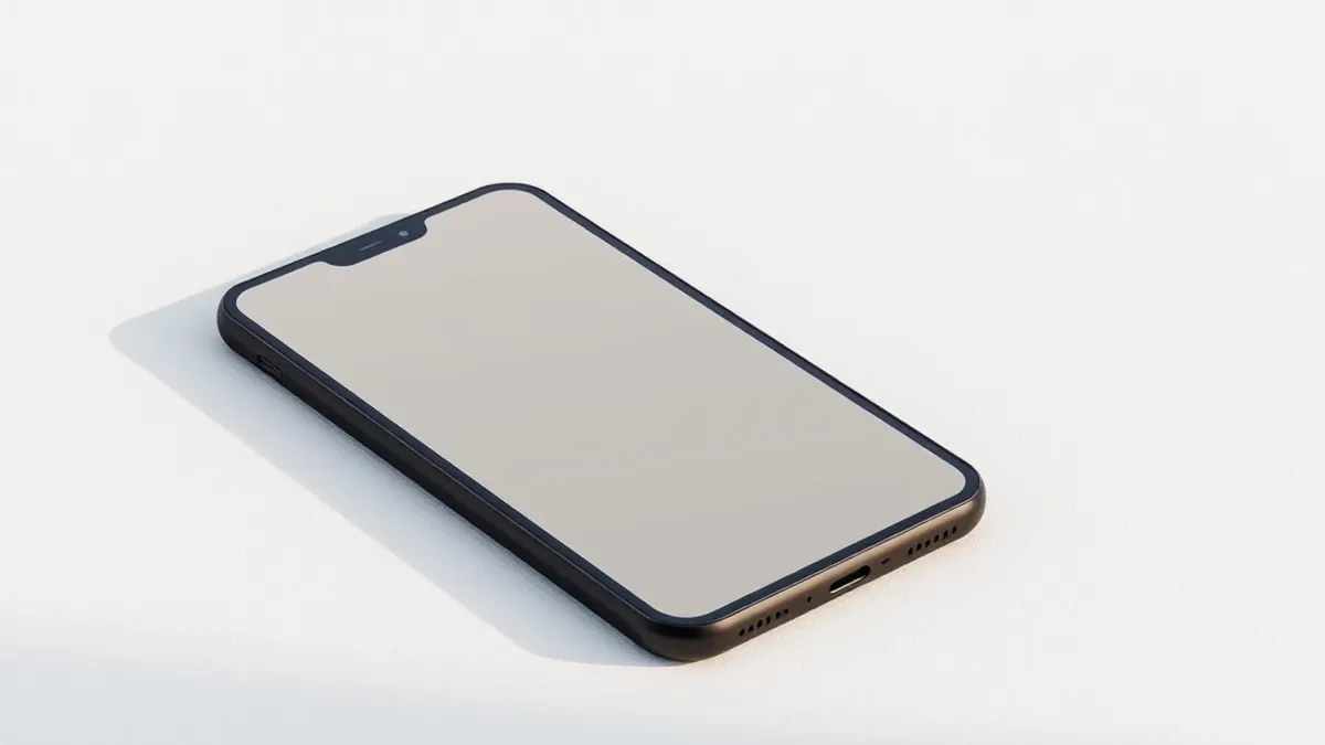Illustration: A black smartphone rests flat on a textured white surface, its matte screen displaying soft, paper-like tones of gray and beige.