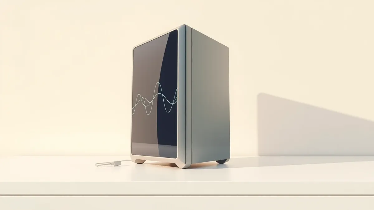 Illustration: A single, sleek silver server tower sits on a clean white desk, its front panel displaying abstract waveforms that rise and fall in rhythmic patterns.