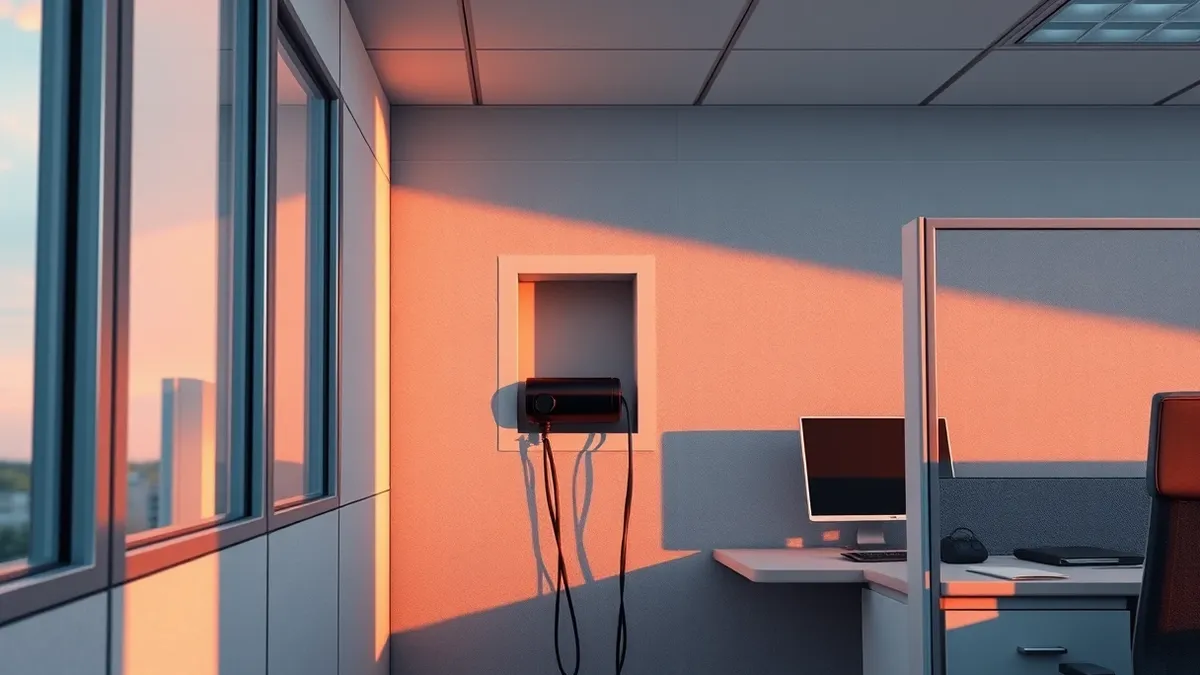 Illustration: A small black cylindrical listening device sits hidden inside a hollowed-out wall socket within a modern office cubicle.