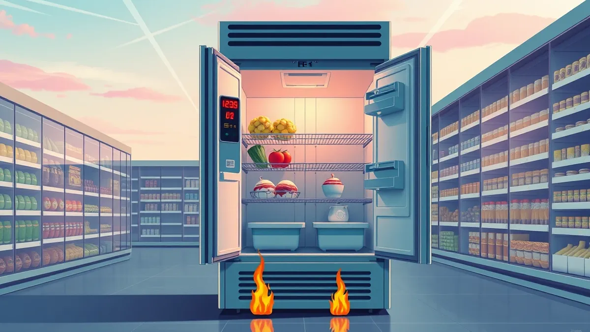 Illustration: A commercial refrigerator stands with its door open in a grocery aisle, revealing wilting vegetables and melted ice cream.