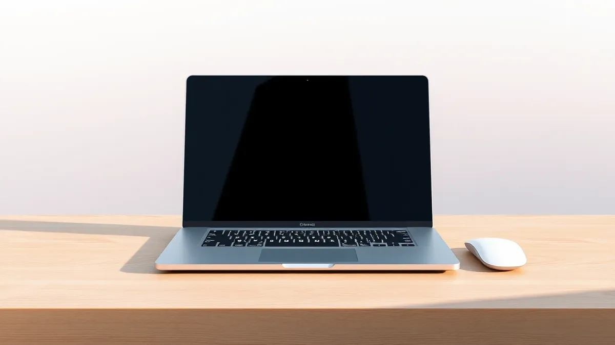 Illustration: A sleek silver laptop sits open on a clean wooden desk, its glossy screen reflecting soft ambient light.
