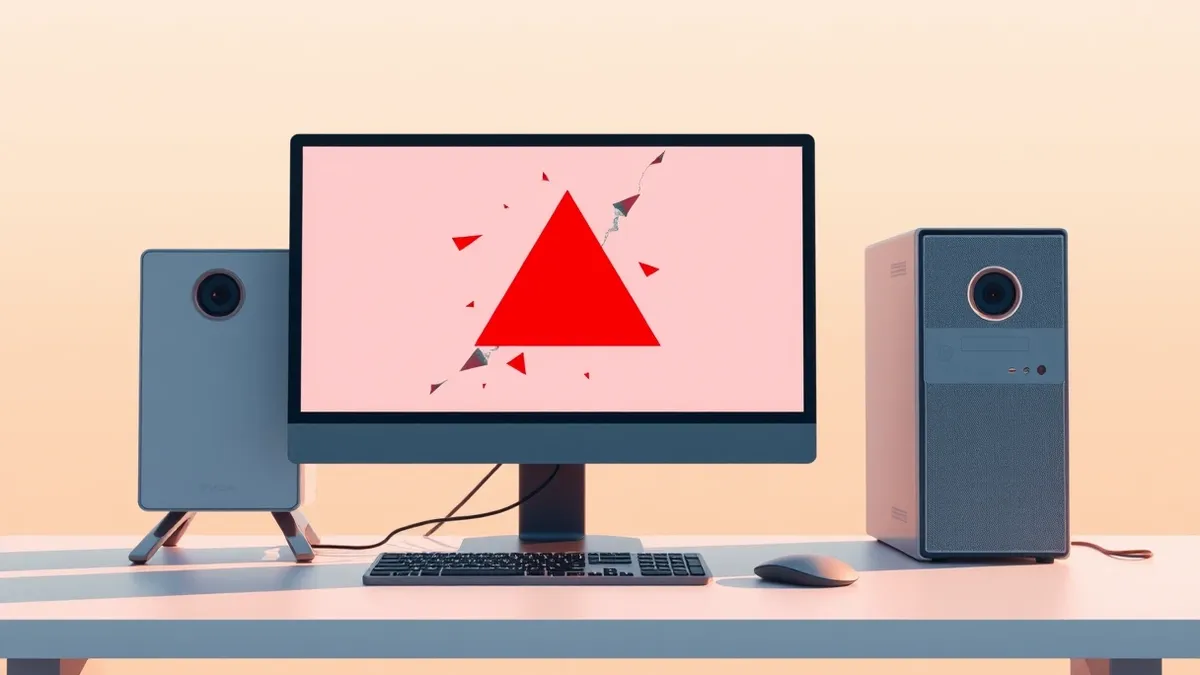 Illustration: A sleek desktop computer sits on a minimalist desk with its screen displaying a single, large red warning triangle surrounded by jagged abstract shapes.