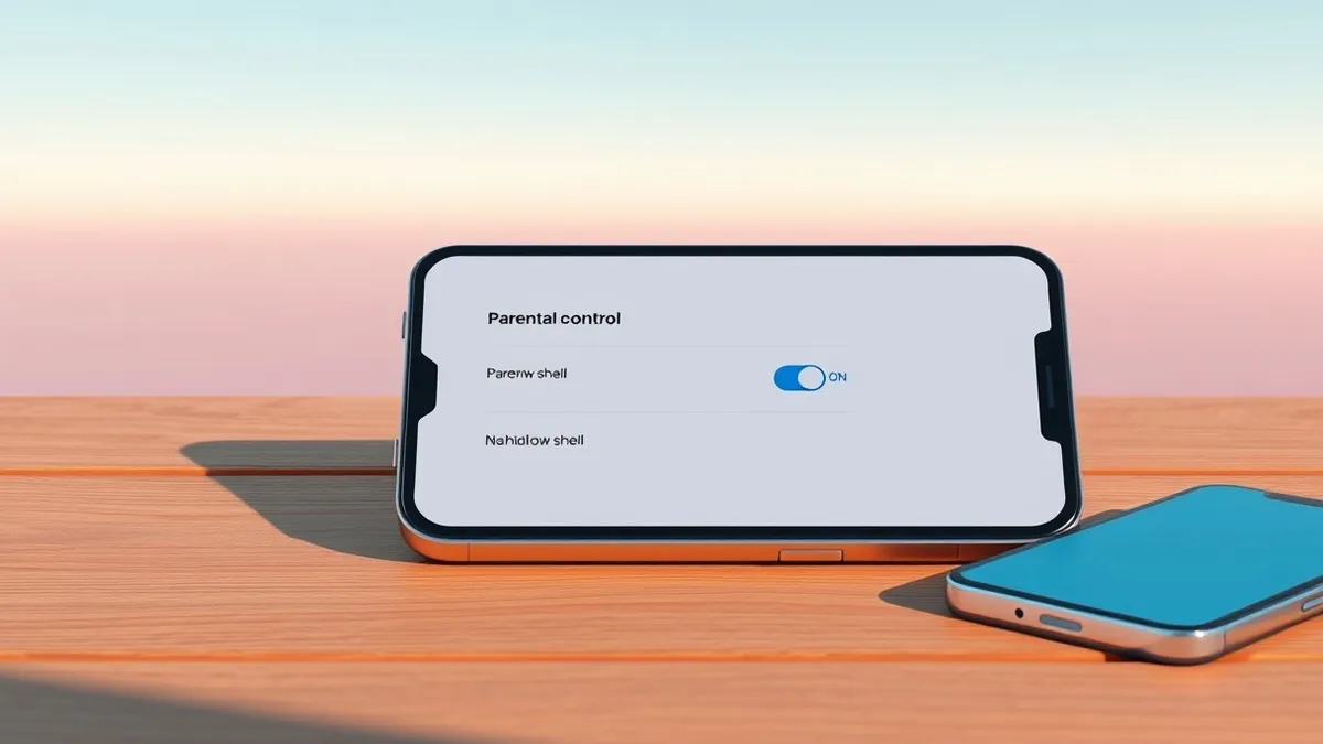 Illustration: A smartphone rests on a wooden table, displaying a settings menu where the parental control toggle is switched on, but the underlying code appears as faint, transluce