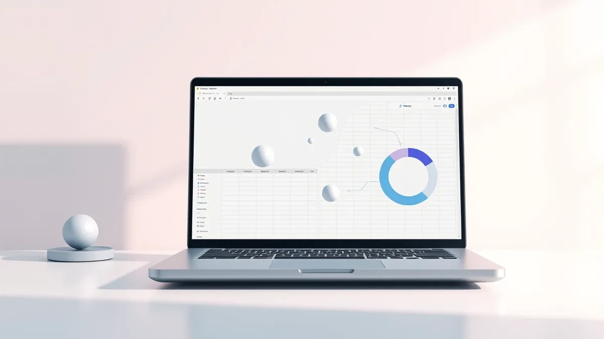 Illustration: A sleek laptop sits on a desk, its screen displaying a blank digital workspace with floating abstract geometric shapes.