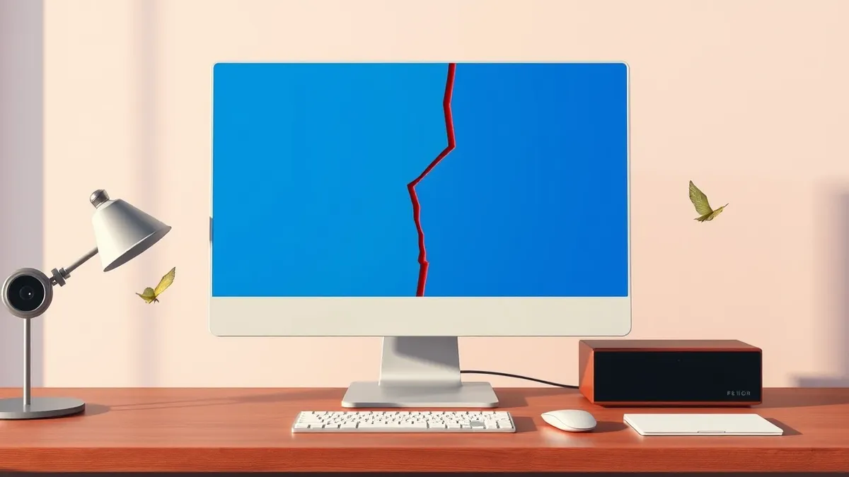 Illustration: A clean, white computer monitor sits on a wooden desk, displaying a blank, abstract blue interface representing mandatory financial security software.