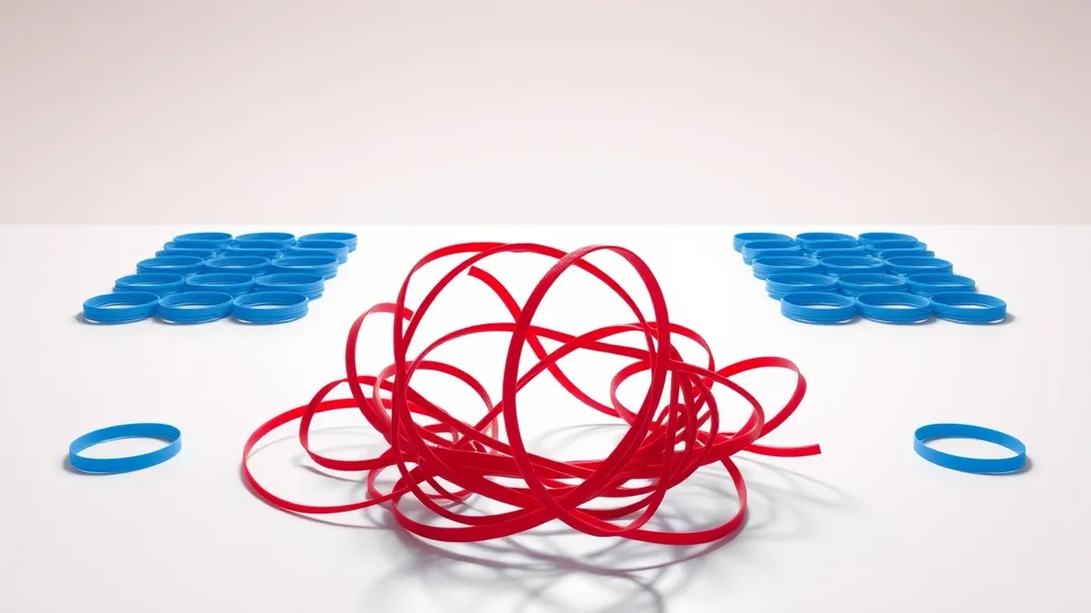 Illustration: A tangled knot of red rubber bands sits on a sterile white desk, representing a bypassed security filter.