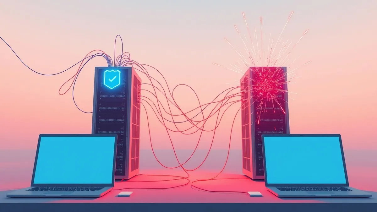 Illustration: A tangle of glowing optical fibers weaves between two abstract server nodes.
