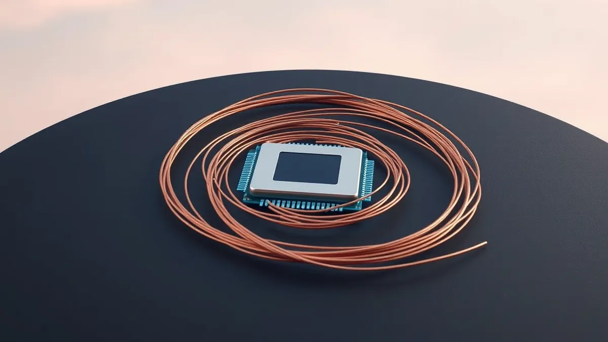 Illustration: A sleek silver processor chip rests on a dark matte surface, surrounded by tangled copper wires forming a tight spiral pattern.