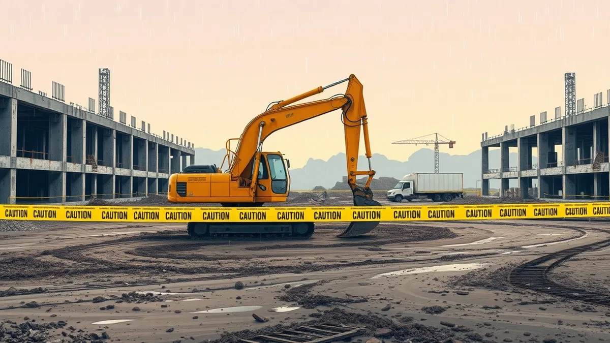 Illustration: A heavy excavator sits idle in a muddy construction site surrounded by unfinished concrete foundations and steel beams.
