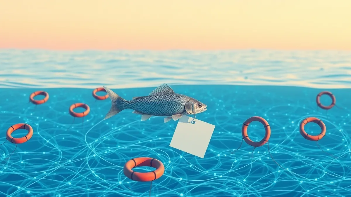 Illustration: A small silver fish swims through a dense network of glowing blue data streams.