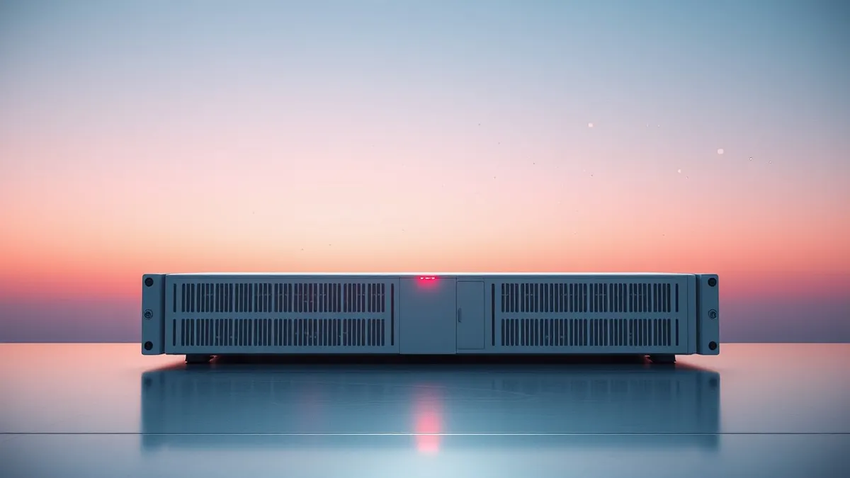 Illustration: A sleek white server blade sits isolated on a sterile metal table, its status LEDs glowing an urgent, steady red.