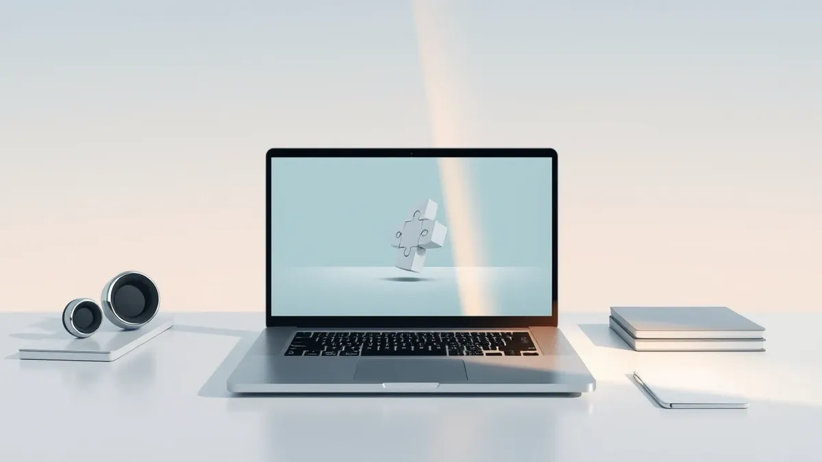Illustration: A sleek silver laptop sits on a clean white desk, its screen displaying a single abstract geometric puzzle piece floating in a void.