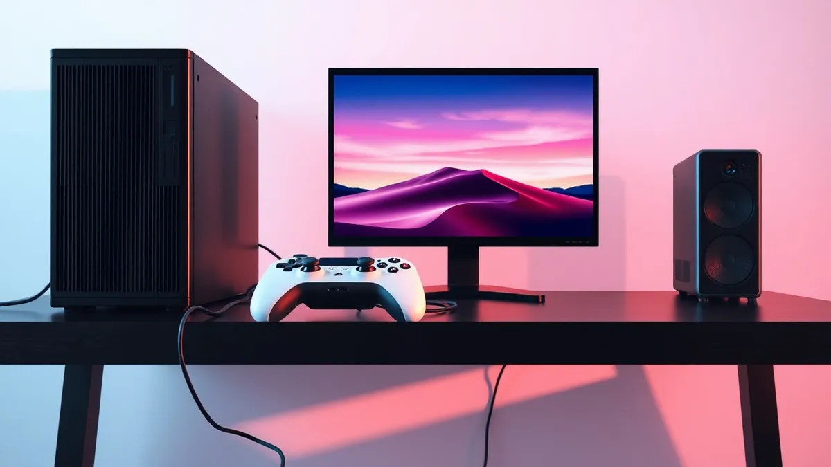 Illustration: A white gaming console rests on a dark wooden desk next to a black tower PC.