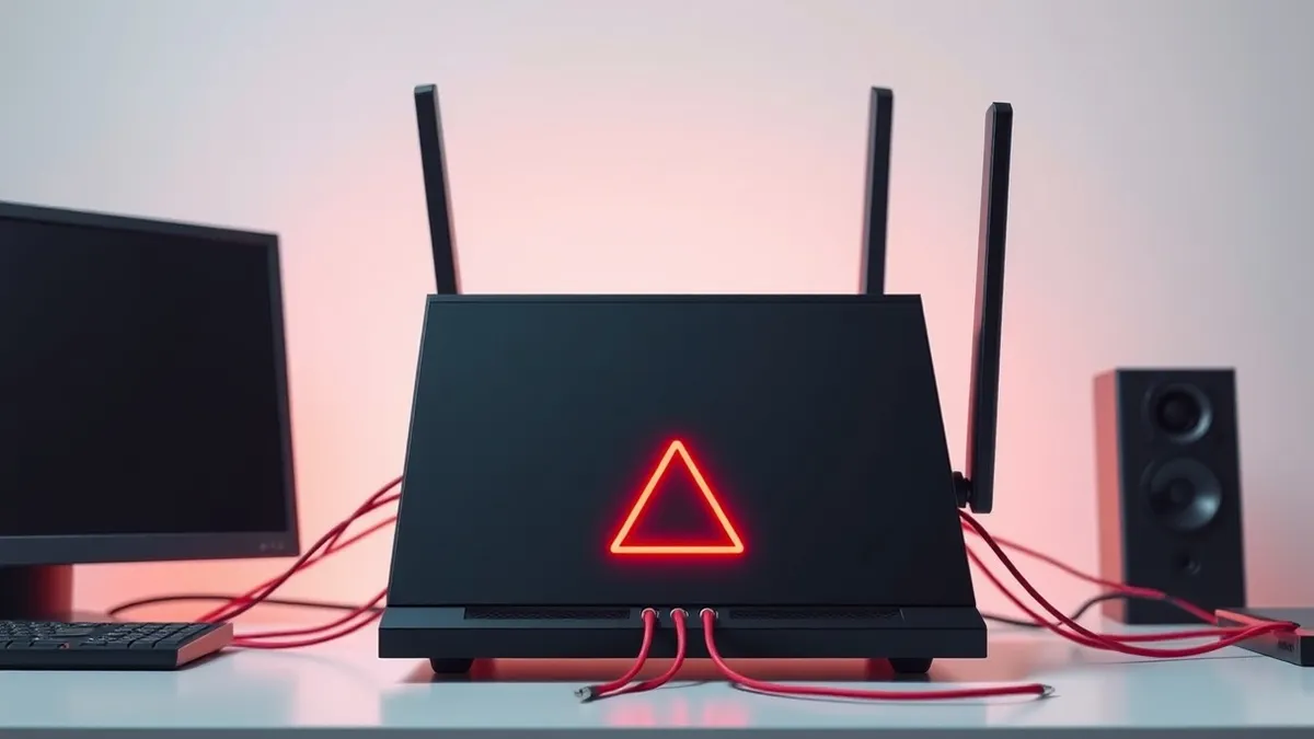 Illustration: A sleek black network router sits on a desk, its front panel dominated by a large glowing red warning triangle.