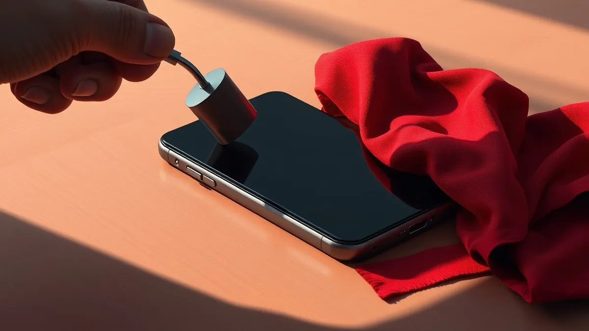Illustration: A smartphone rests on a wooden table, its screen completely black and reflecting the dim room.