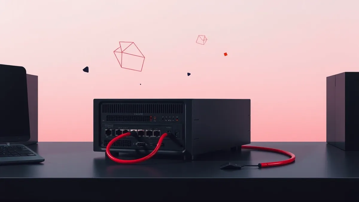 Illustration: A sleek black network firewall sits on a dark desk with its rear ports visible.