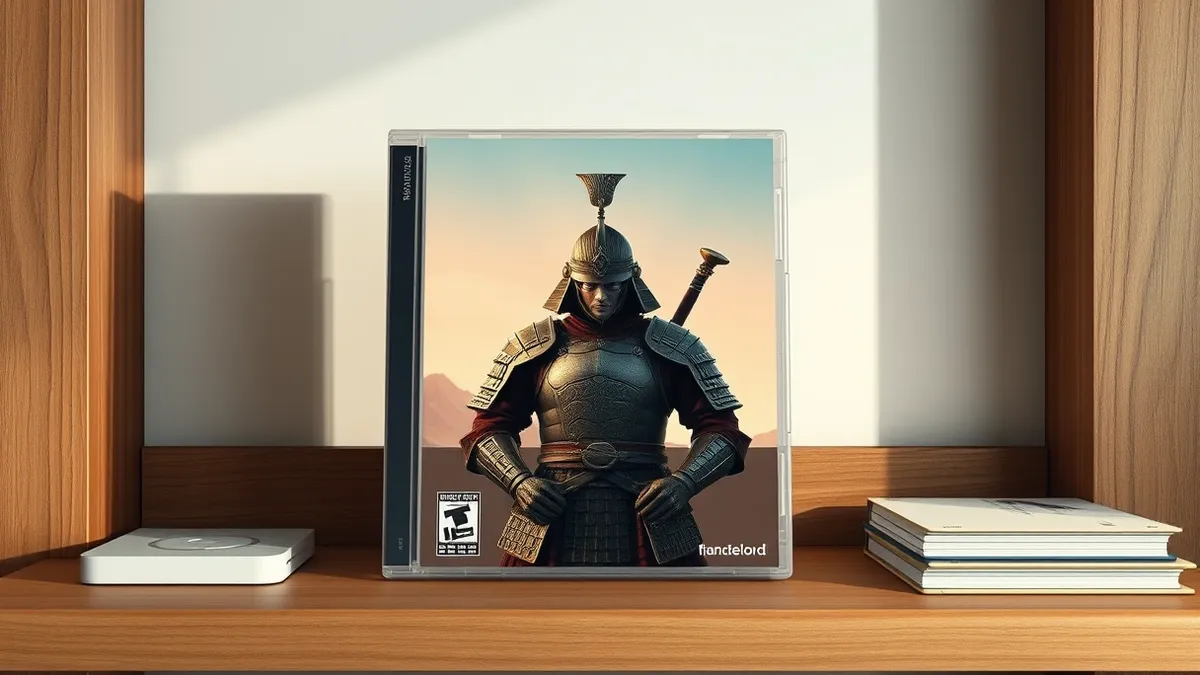 Illustration: A pristine physical game case sits on a wooden shelf, its cover displaying a beautifully rendered feudal Japanese warrior in armor.