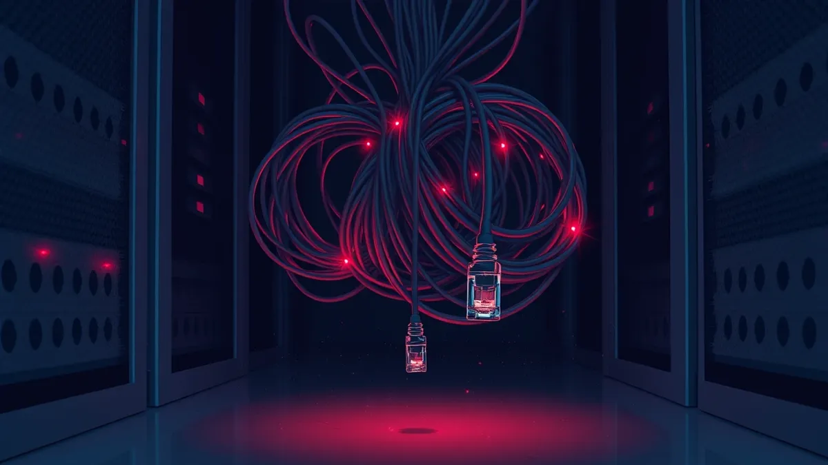 Illustration: A tangled knot of network cables pulses with faint red light inside a dark server closet.