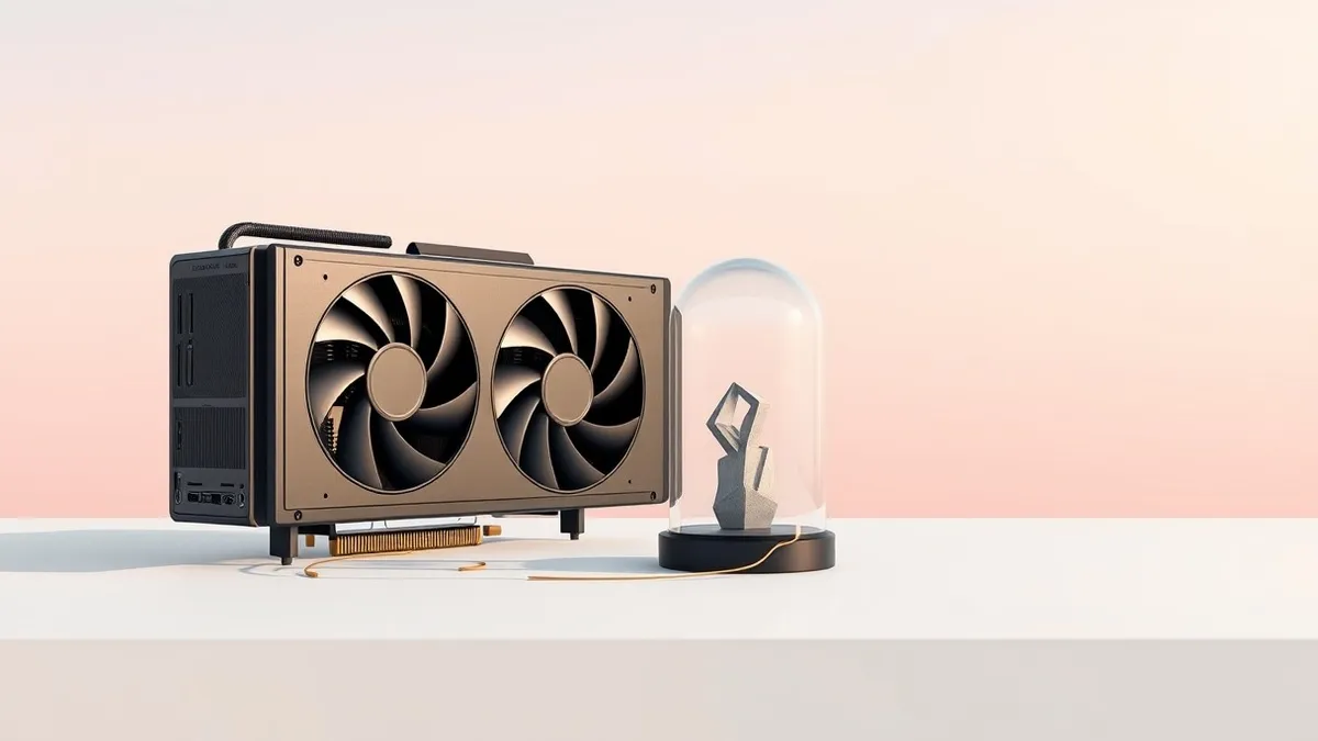 Illustration: A sleek black graphics processing unit sits on a clean white table beside a transparent glass dome containing a small, abstract geometric statue.