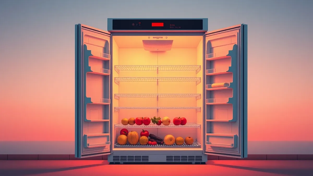 Illustration: A commercial supermarket refrigerator stands open with its interior glowing faintly warm.