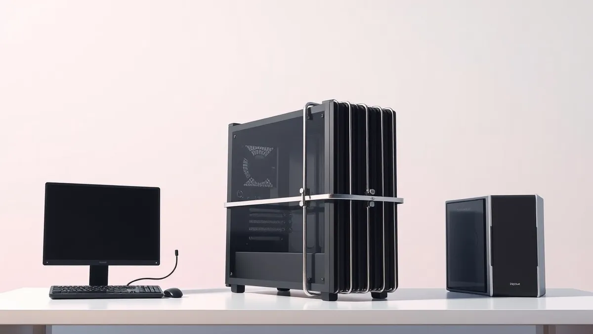 Illustration: A sleek black computer tower sits on a clean white desk.