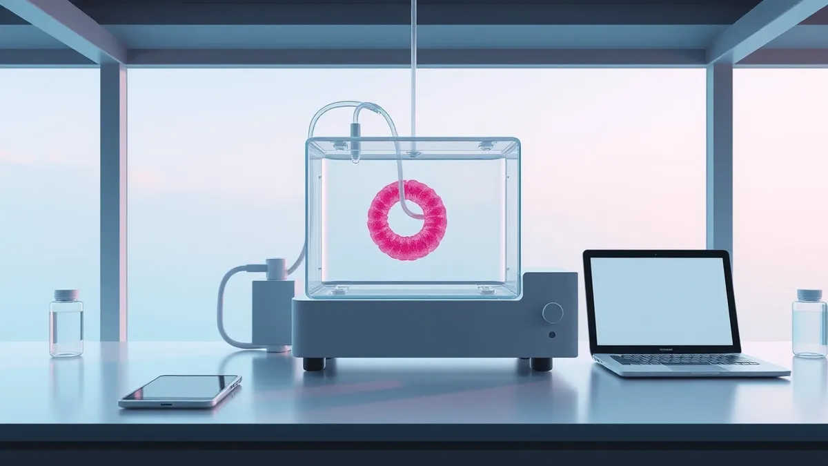 Illustration: A small, translucent bioreactor sits on a sterile laboratory bench.