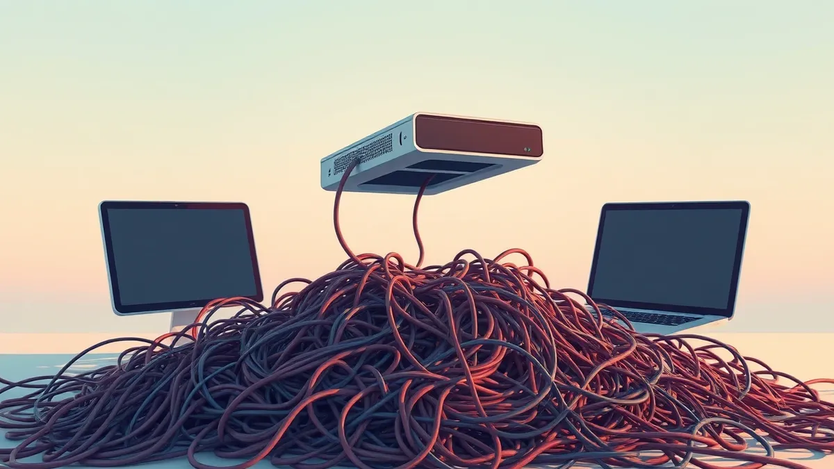 Illustration: A sleek, abstract scanner device hovers over a chaotic pile of tangled code wires.