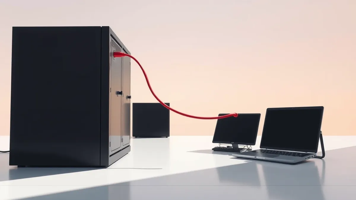 Illustration: A sleek black server chassis sits on a clean white floor.