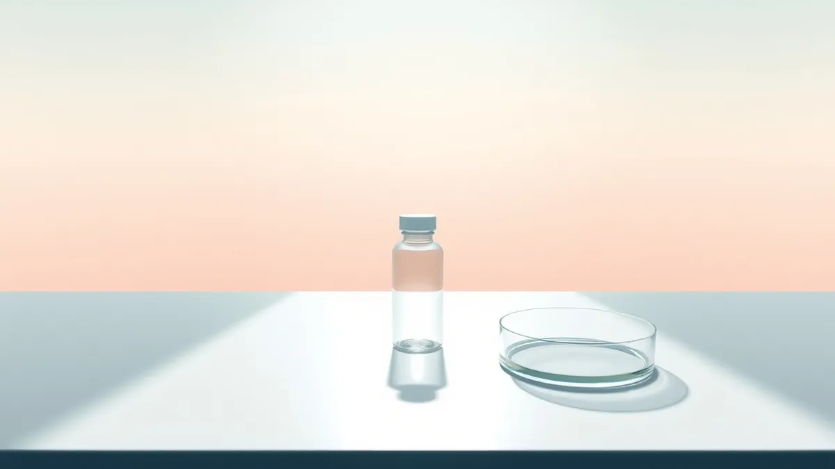 Illustration: A sterile laboratory bench holds a single glass vial with a white cap next to an empty glass petri dish.