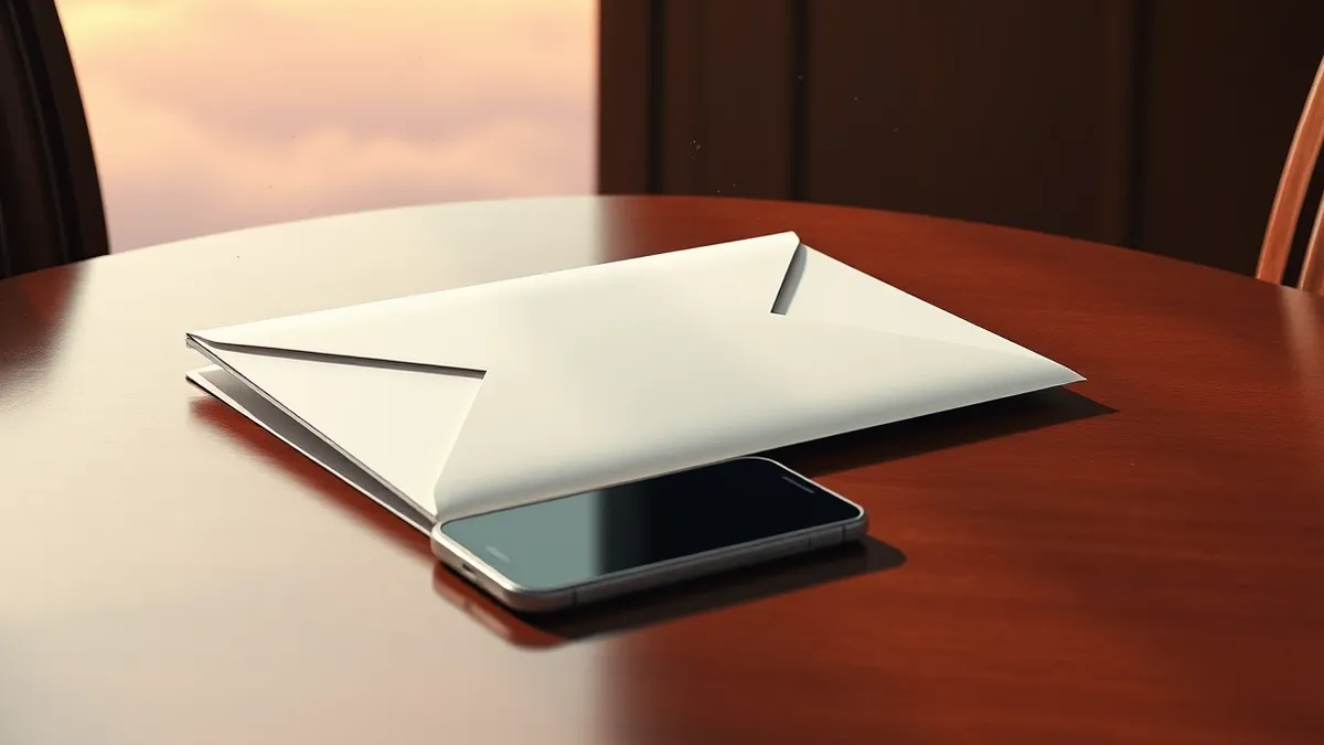 Illustration: A sealed legal envelope rests on a polished wooden courtroom table.