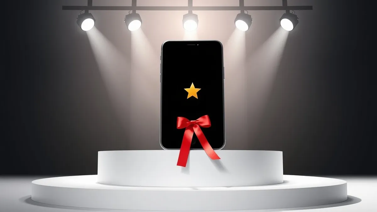 Illustration: A sleek black smartphone rests on a white podium under bright spotlights.