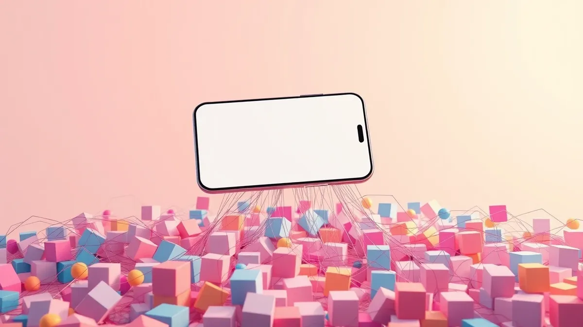 Illustration: A blank smartphone screen floats above a tangled web of colorful, abstract geometric shapes.