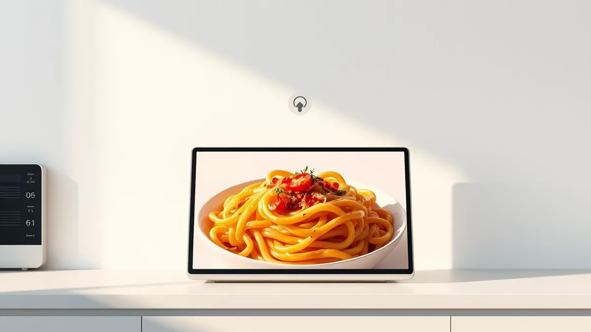 Illustration: A sleek rectangular smart display sits on a kitchen counter.