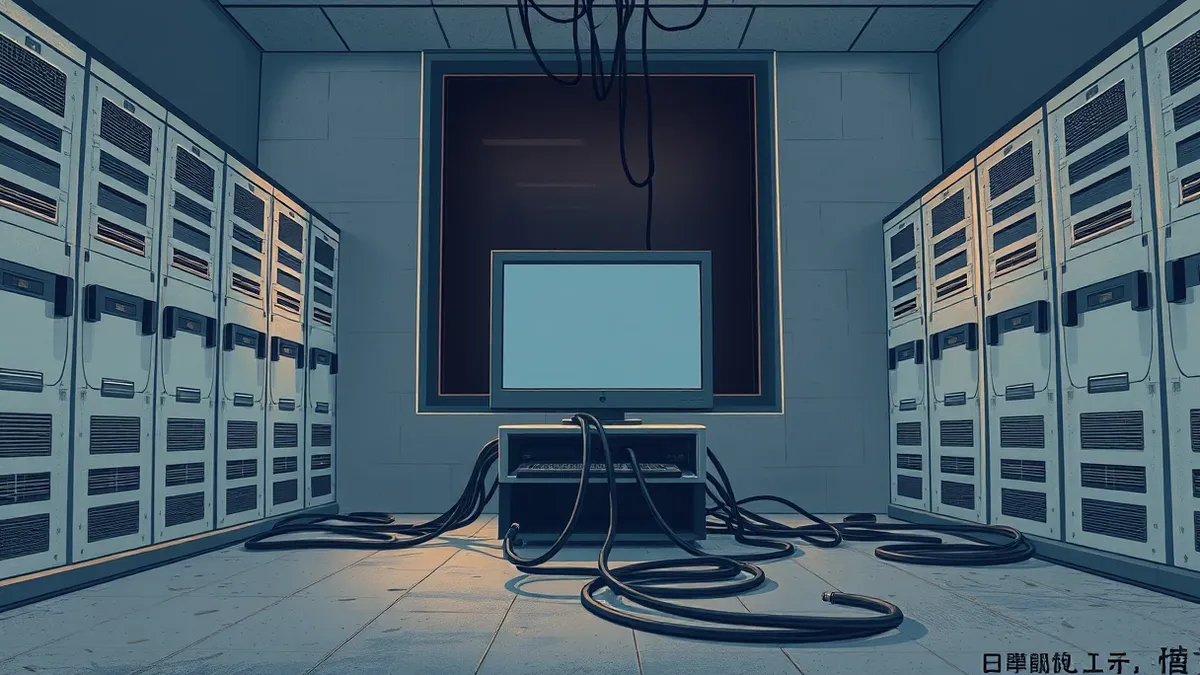Illustration: A dusty government server room sits in silence, with a single desktop computer displaying a blank, frozen screen.