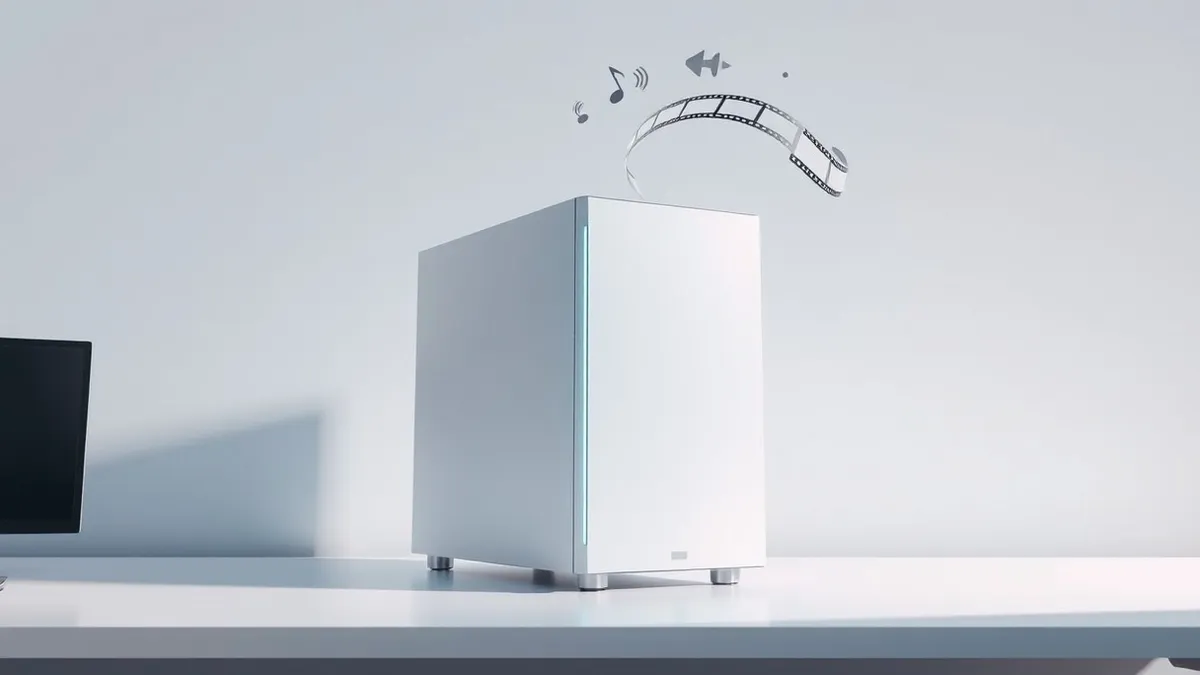 Illustration: A sleek white server tower sits on a clean desk.
