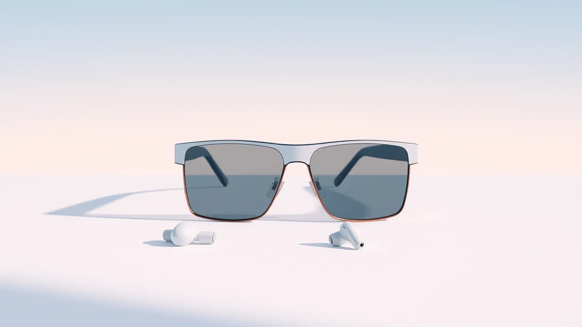 Illustration: A pair of sleek, rimless smart glasses rests on a clean white surface, featuring a prominent camera lens on the temple.
